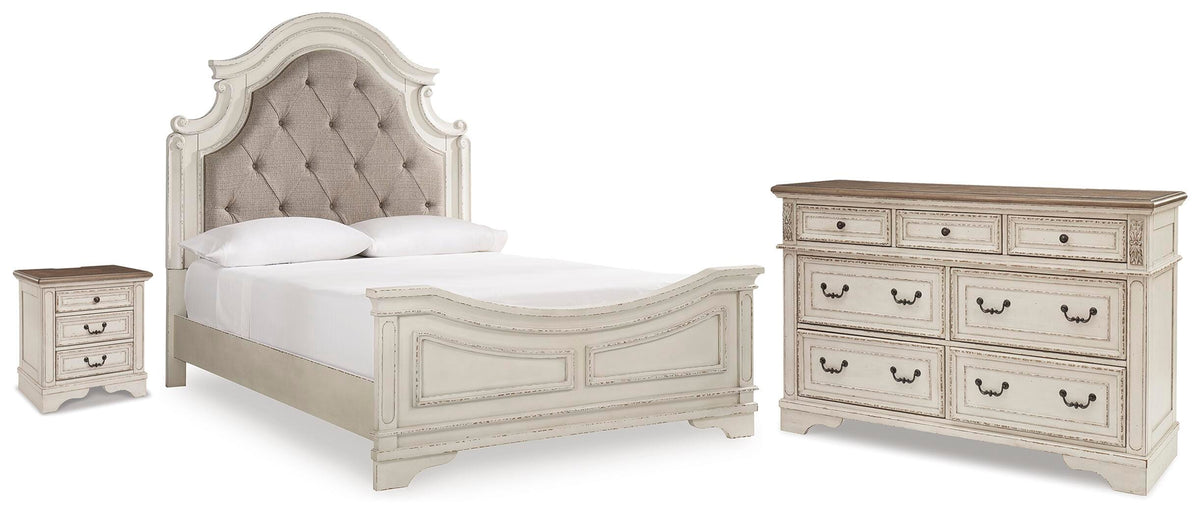 Realyn Queen Upholstered Panel Bed, Dresser and Nightstand