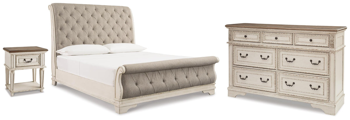 Realyn King Upholstered Sleigh Bed, Dresser and Nightstand