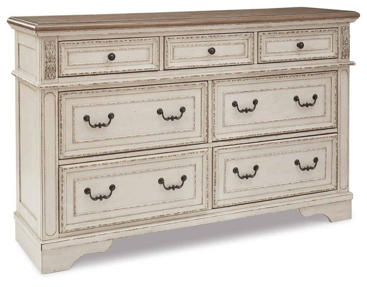 Realyn Queen Upholstered Panel Bed, Dresser and Nightstand