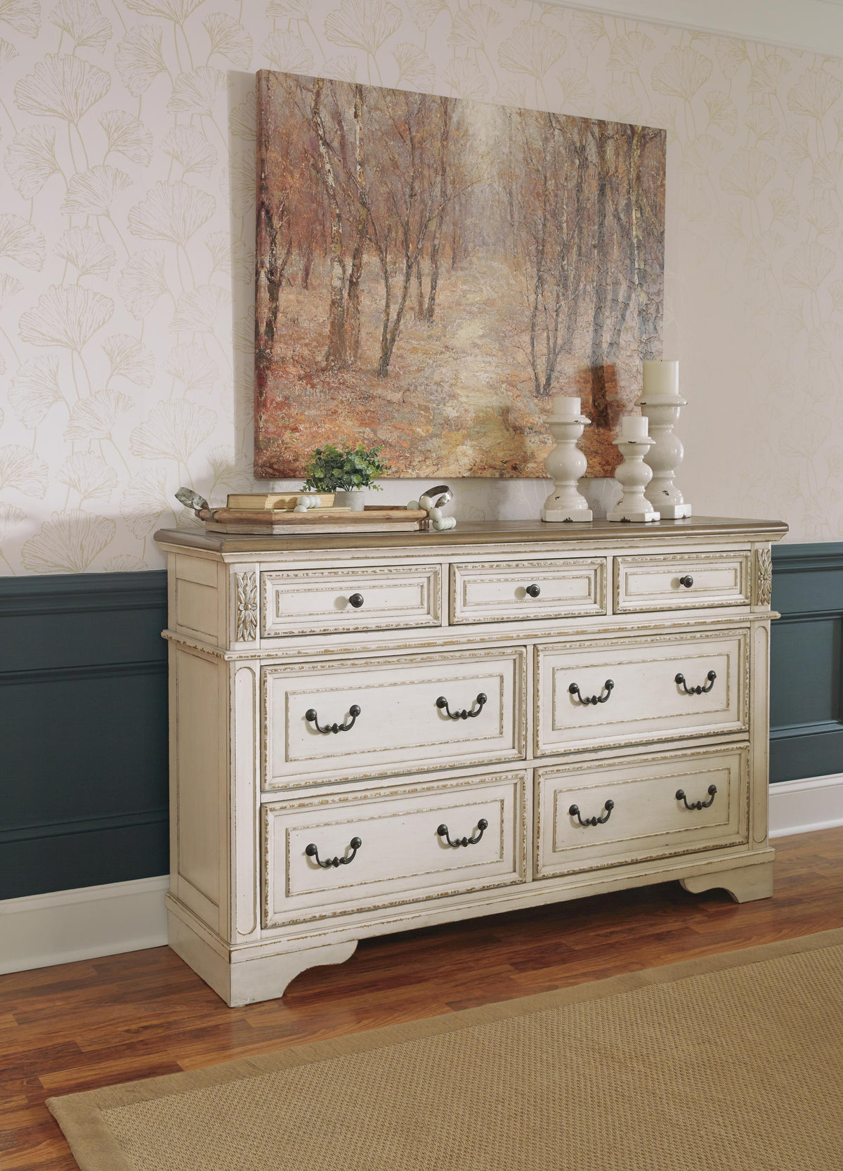Realyn Queen Upholstered Panel Bed, Dresser and Nightstand