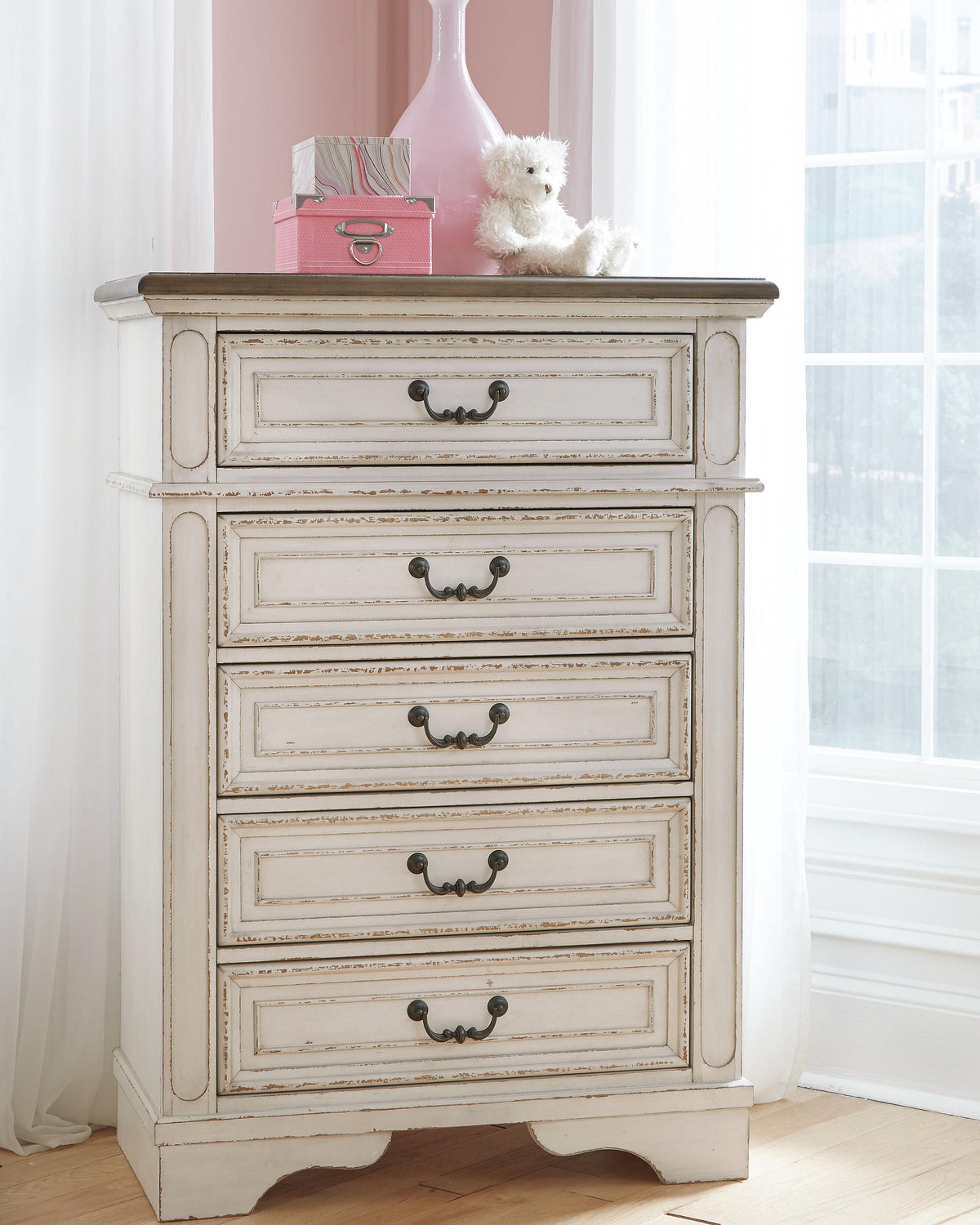 Realyn Queen Upholstered Panel Bed, Dresser, Mirror, Chest and Nightstand