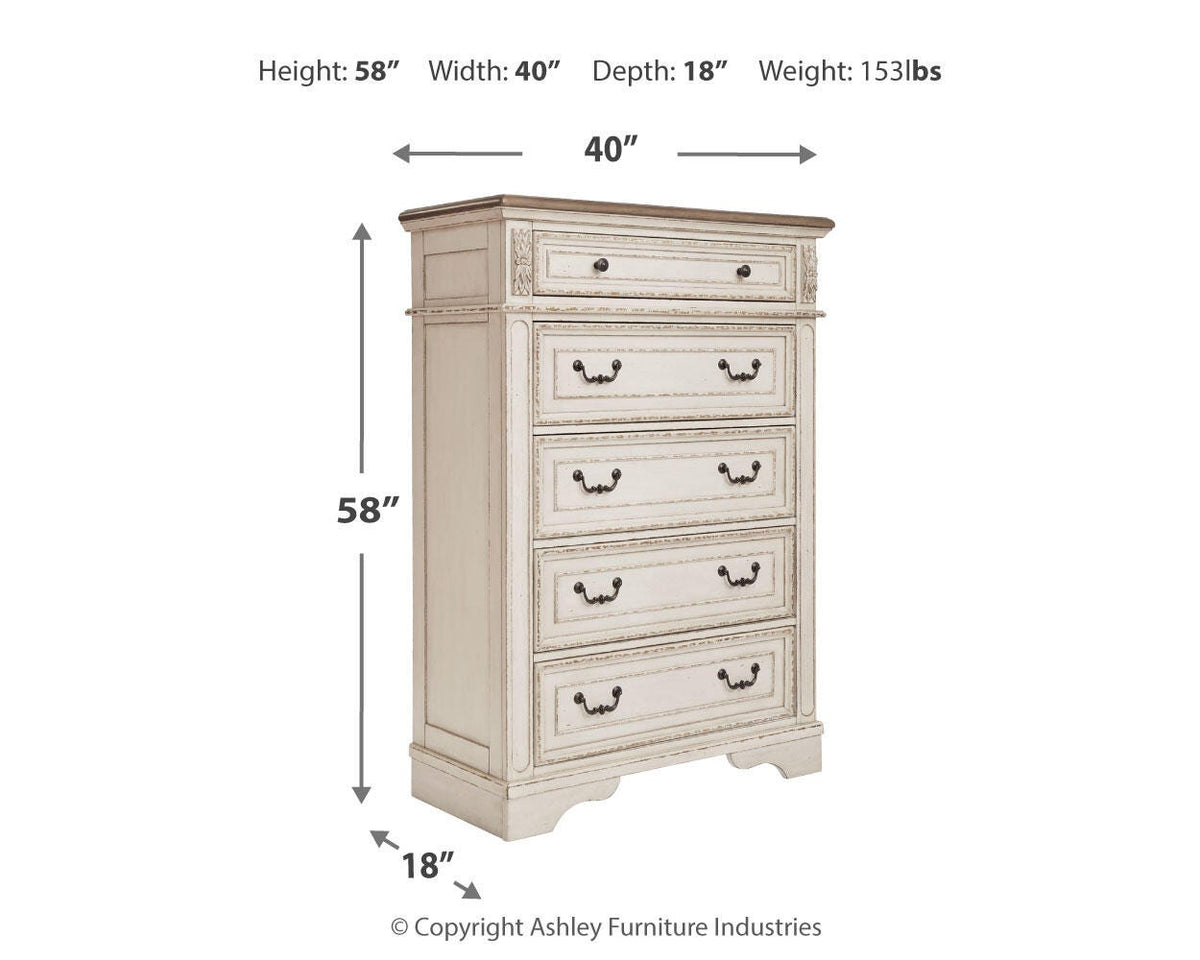 Realyn Queen Upholstered Storage Bed, Dresser, Chest and Nightstand