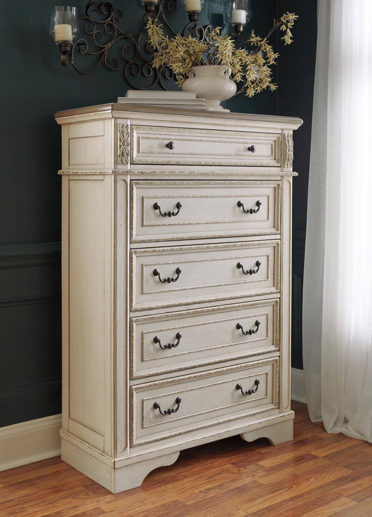 Realyn Queen Upholstered Storage Bed, Dresser, Chest and Nightstand