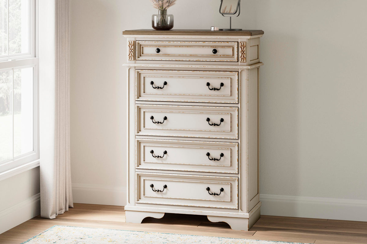 Realyn Queen Upholstery Panel Bed, Dresser, Chest, Nightstand, and Vanity Set