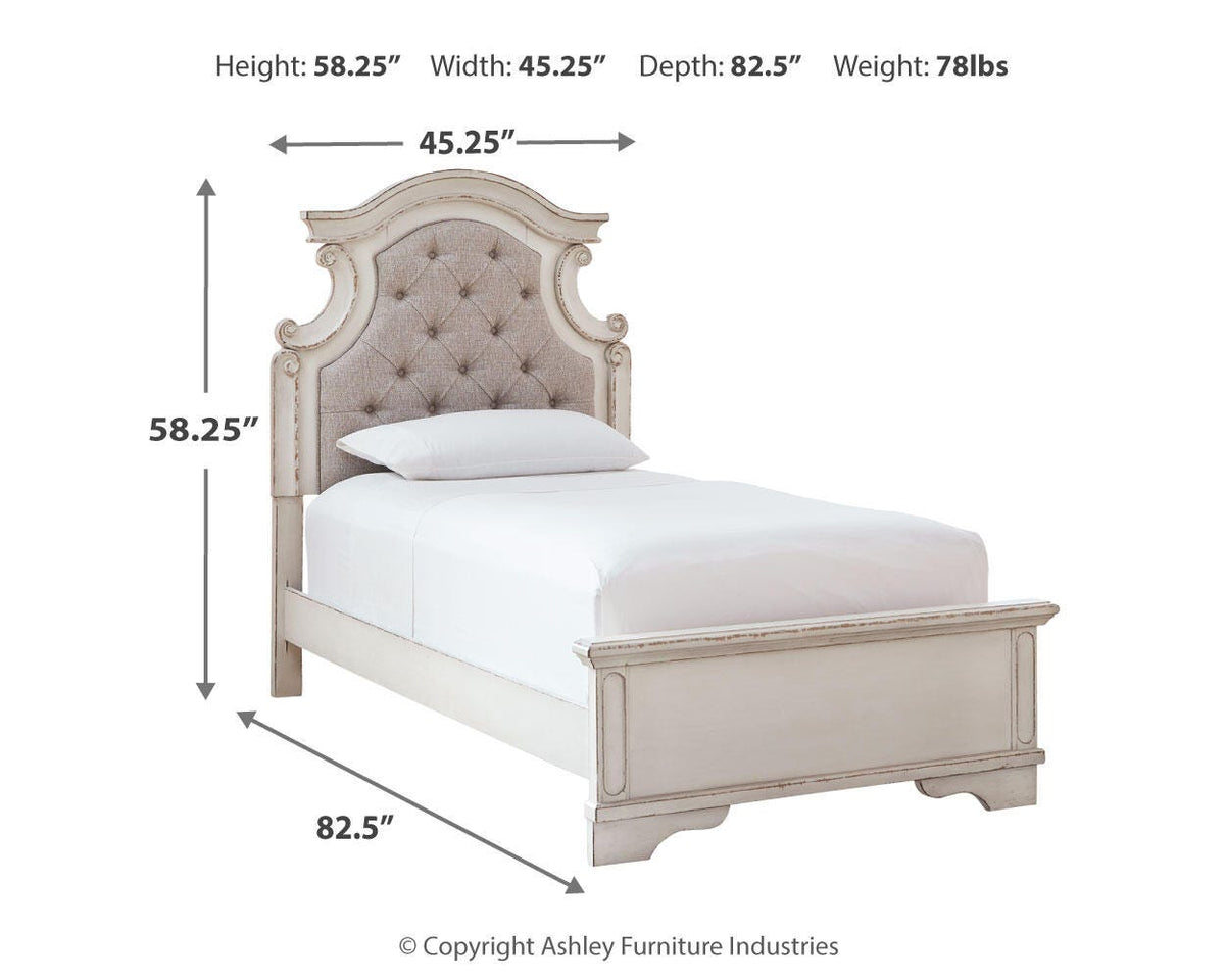 Realyn Twin Upholstered Panel Bed, Chest, Vanity and Nightstand