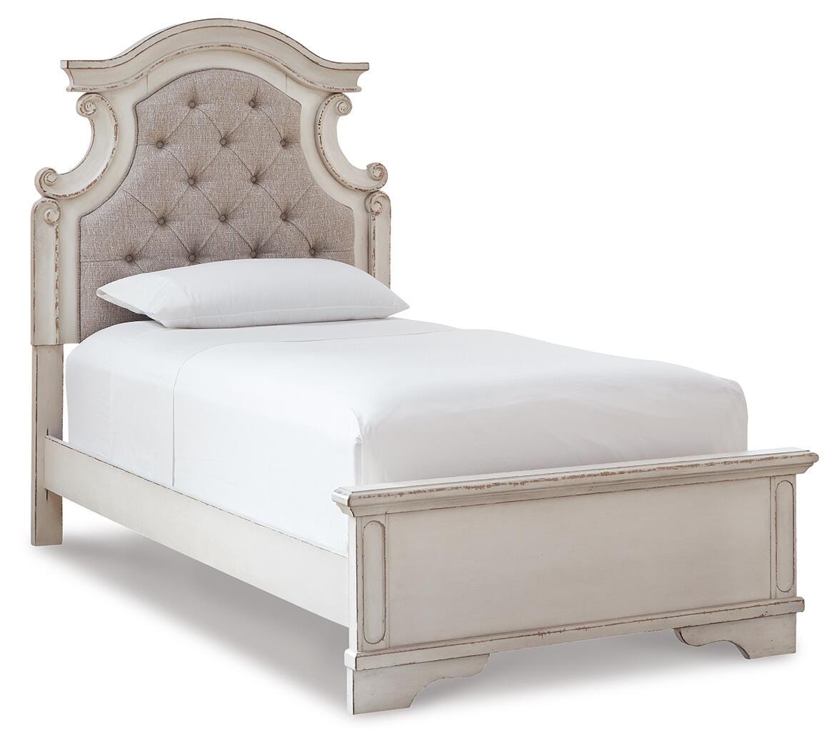 Realyn Twin Upholstered Panel Bed, Chest, Vanity and Nightstand