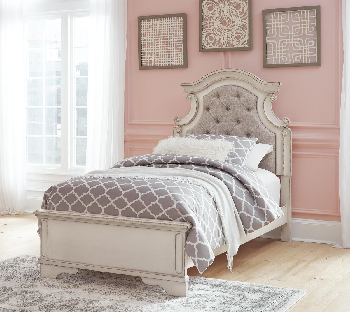 Realyn Twin Upholstered Panel Bed, Chest, Vanity and Nightstand