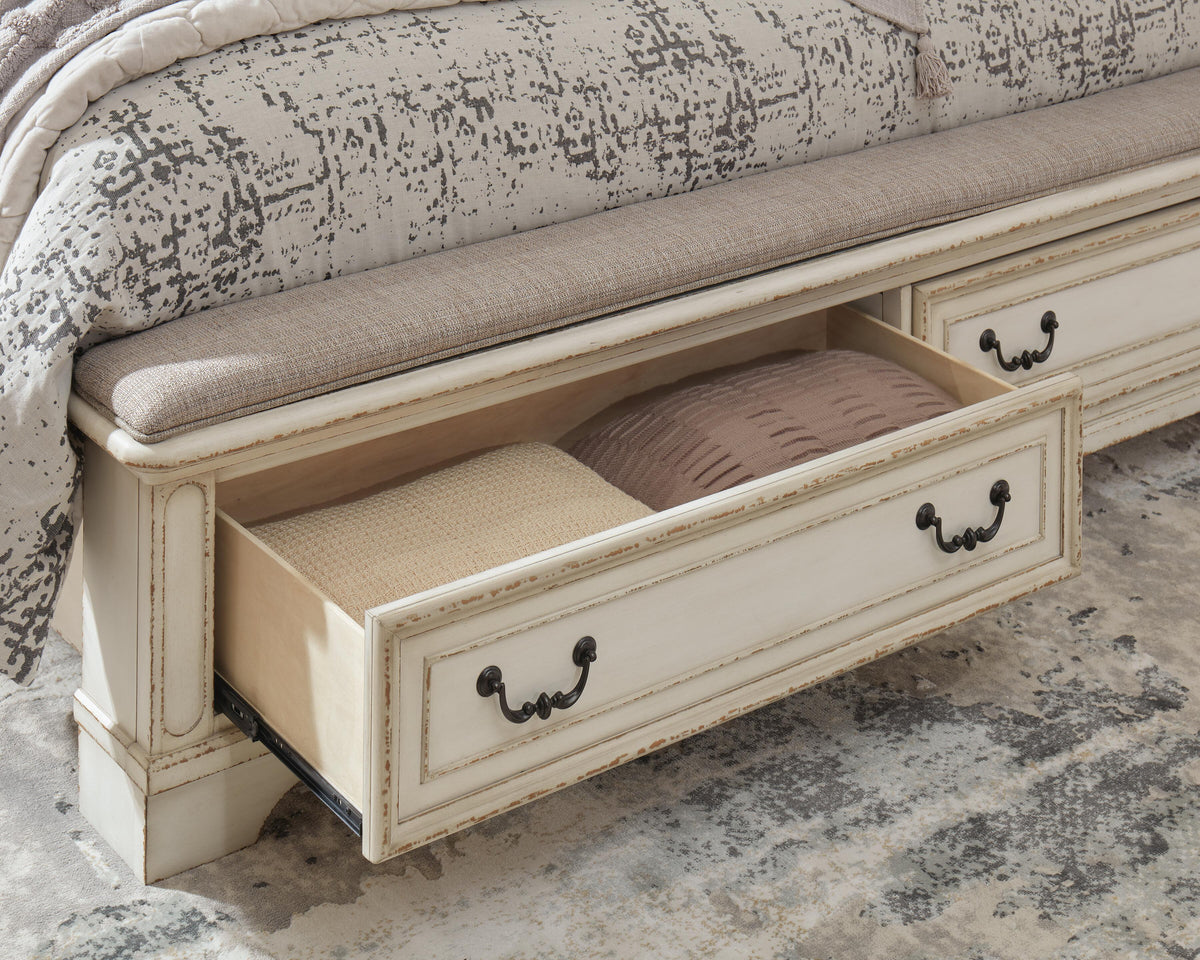 Realyn Queen Upholstery Panel Bed, Dresser, Chest, Nightstand, and Vanity Set
