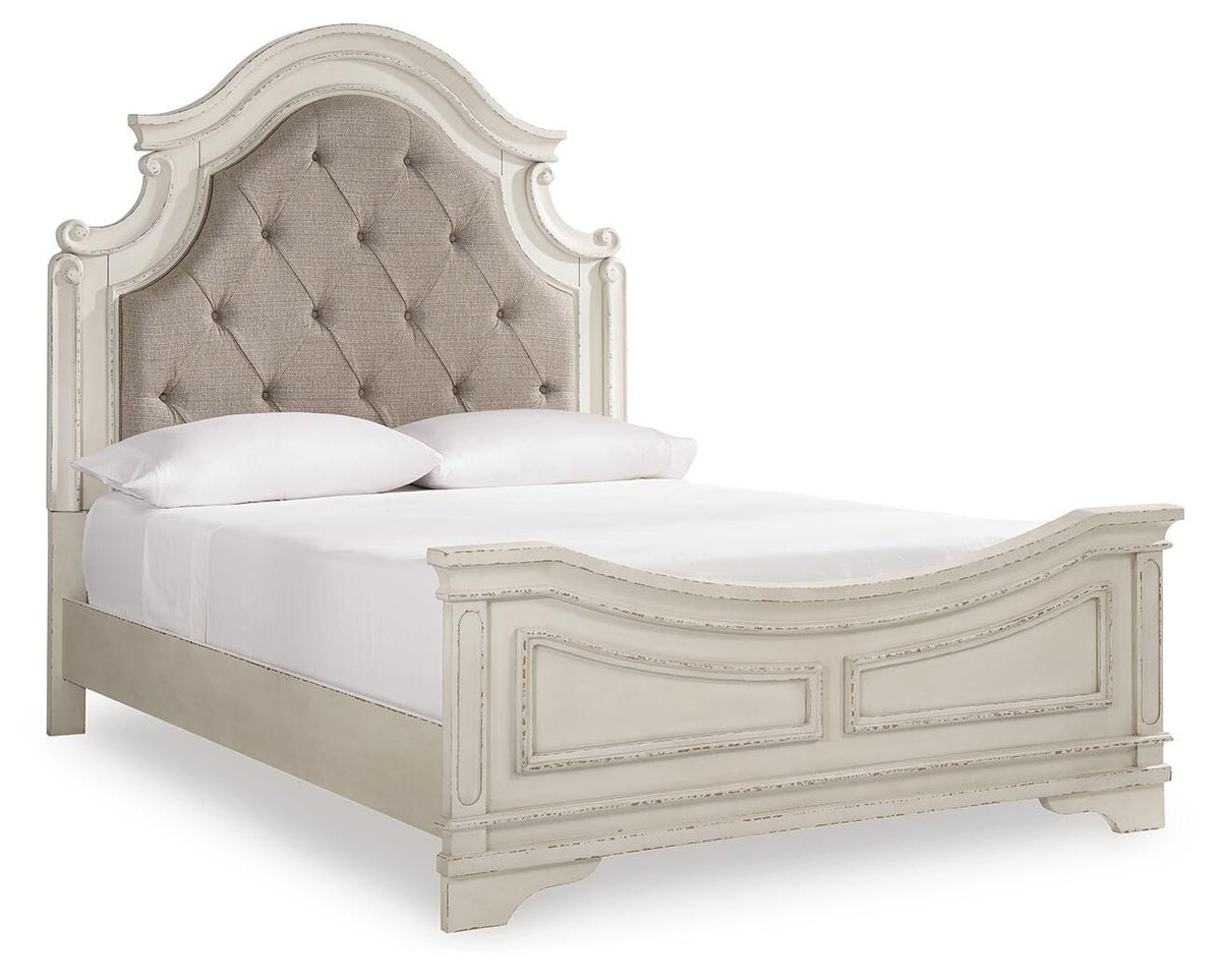 Realyn Queen Upholstered Panel Bed, Dresser and Nightstand
