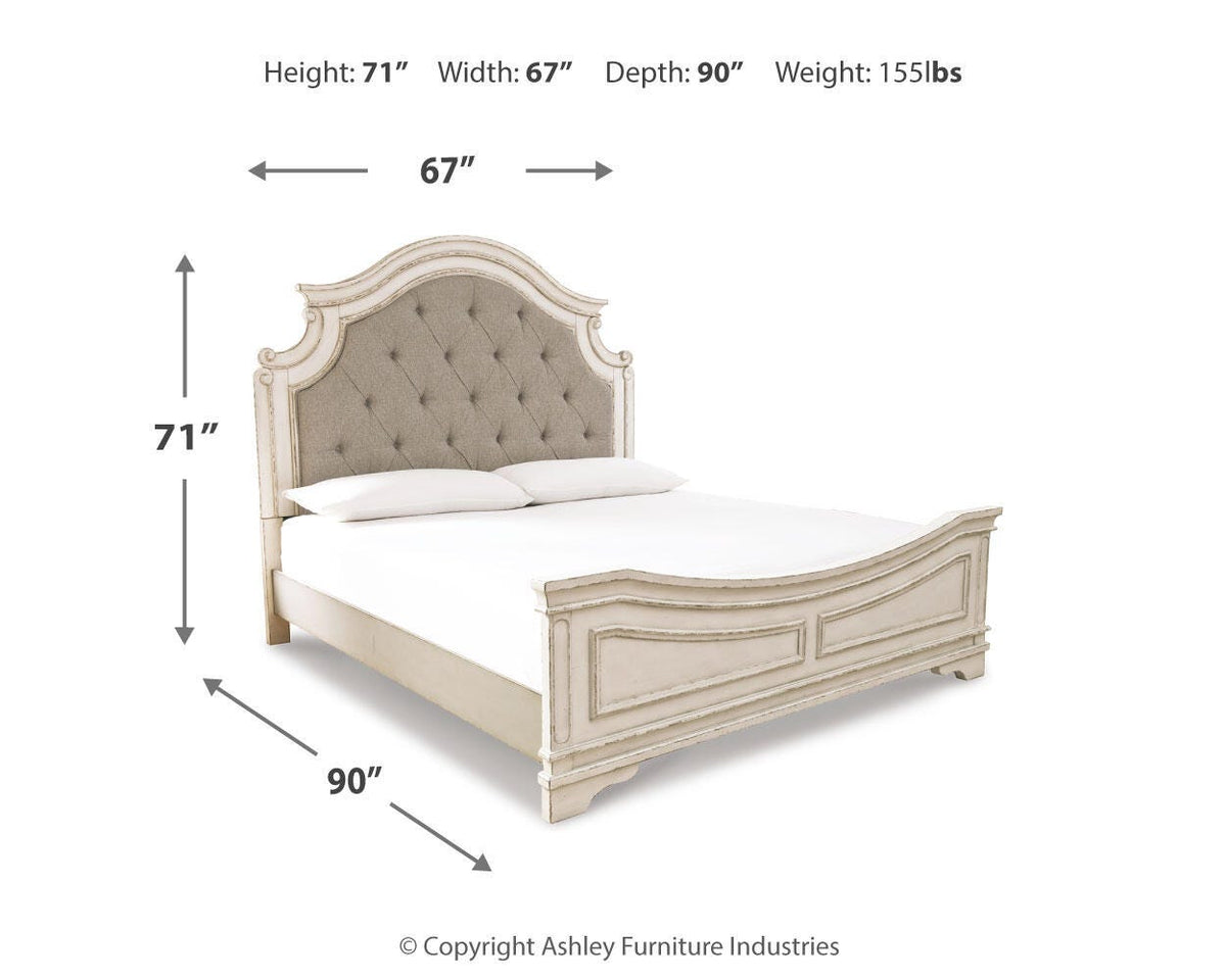Realyn Queen Upholstered Panel Bed, Dresser and Nightstand