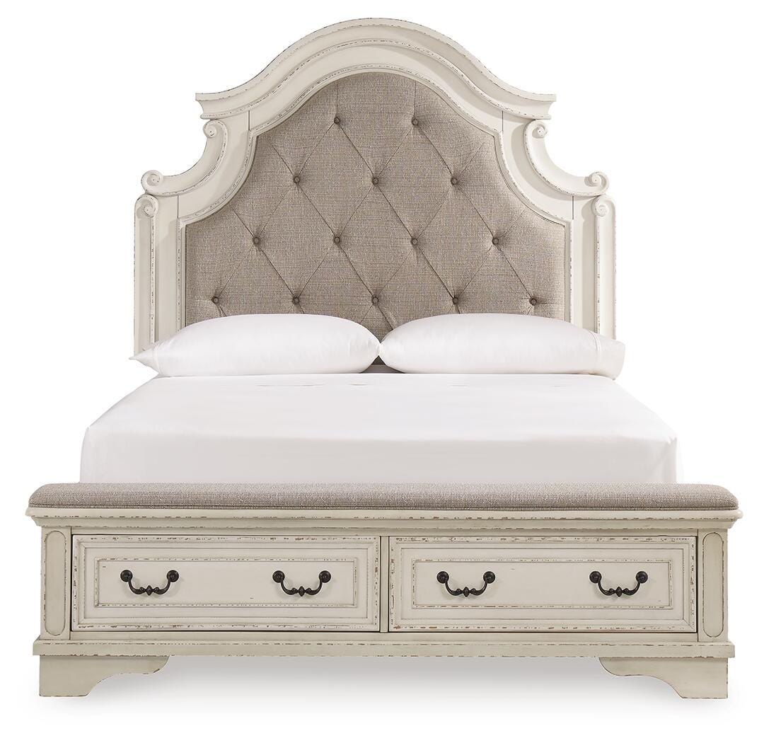 Realyn Queen Upholstery Panel Bed, Dresser, Chest, Nightstand, and Vanity Set
