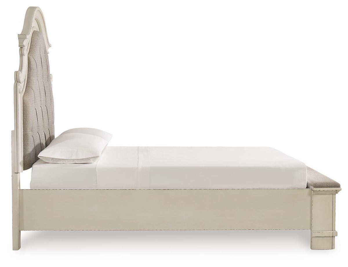 Realyn Queen Upholstered Panel Bed, Dresser, Mirror and Chest