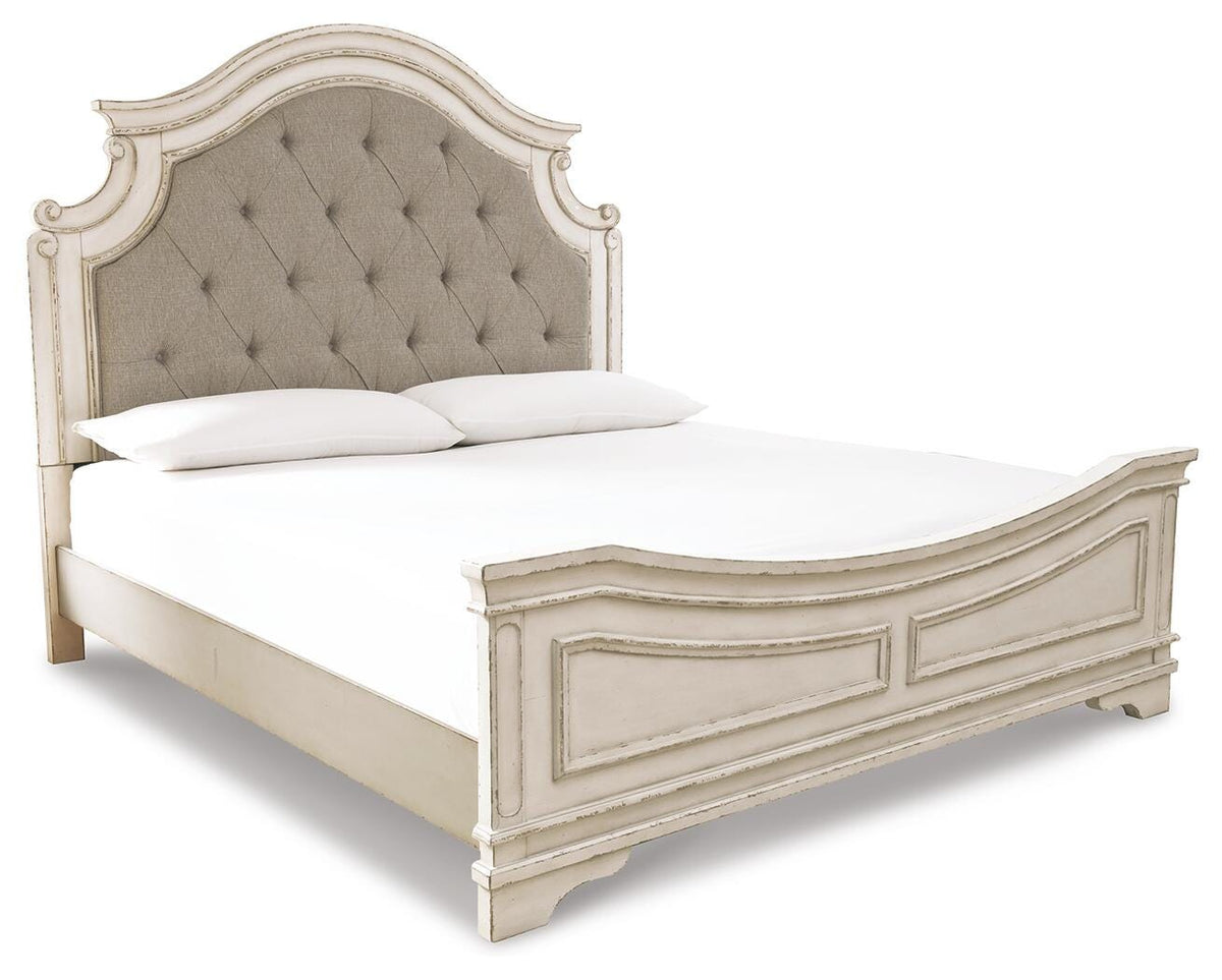 Realyn King Upholstered Panel Bed, Dresser and Nightstand