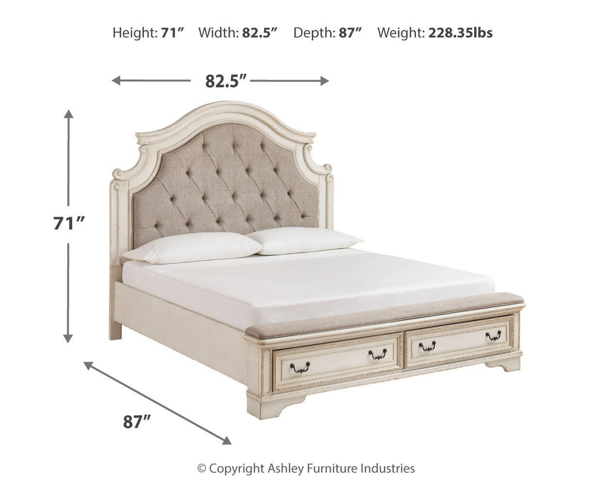 Realyn King Storage Bed, Dresser, Mirror and Nightstand