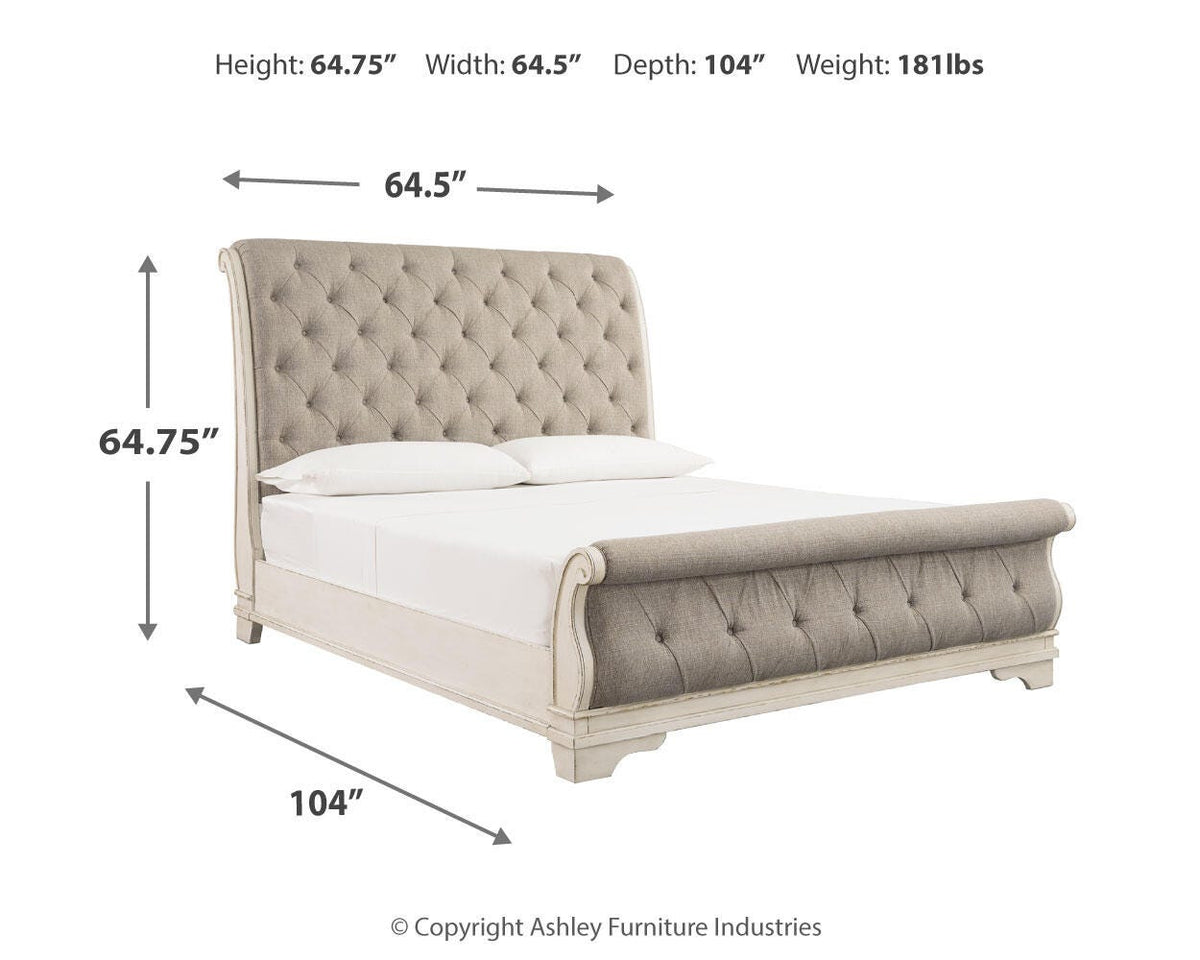 Realyn Queen Upholstered Sleigh Bed, Dresser and Mirror
