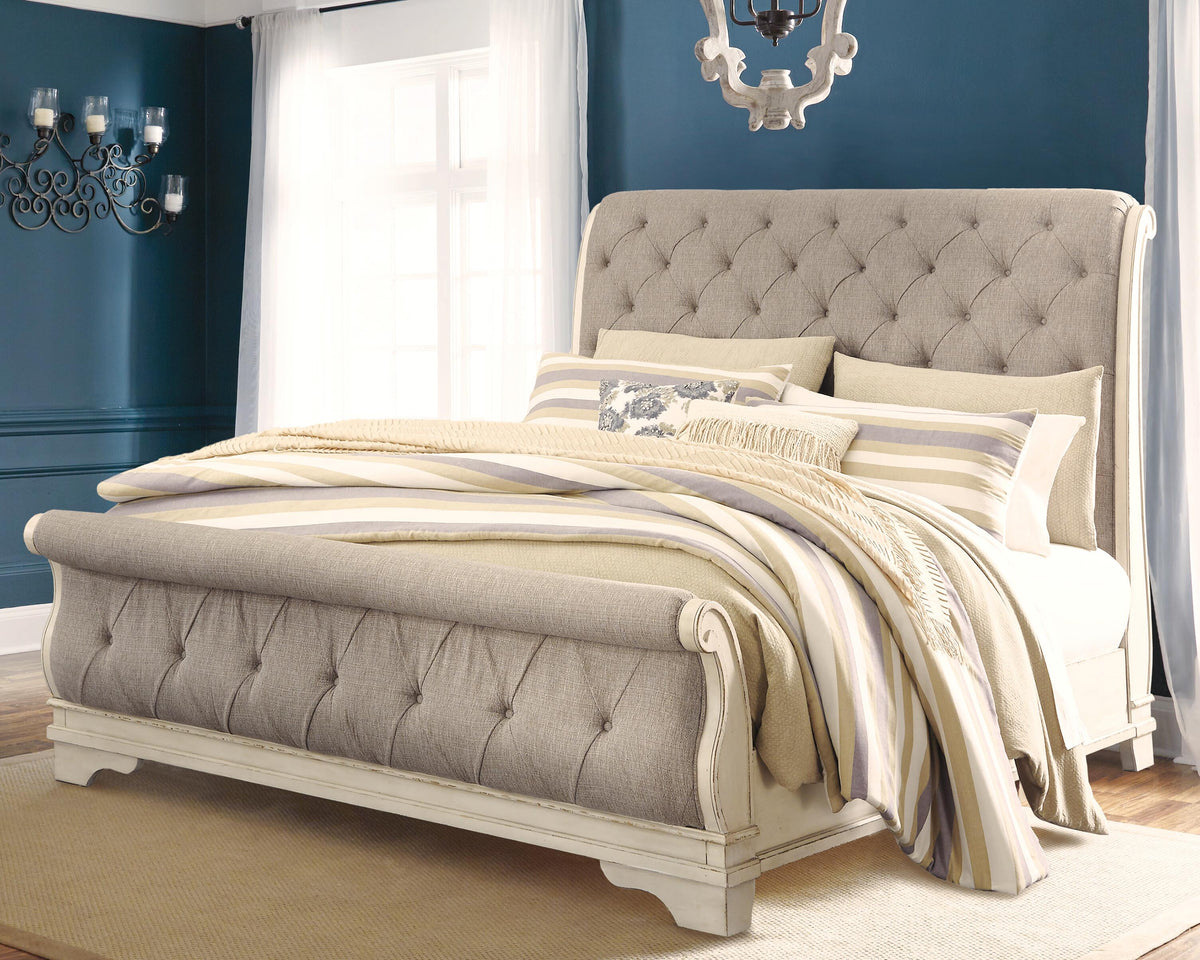 Realyn King Upholstered Sleigh Bed, Dresser, Mirror and 2 Nightstands
