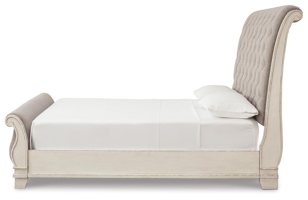 Realyn King Upholstered Sleigh Bed, Dresser and Nightstand