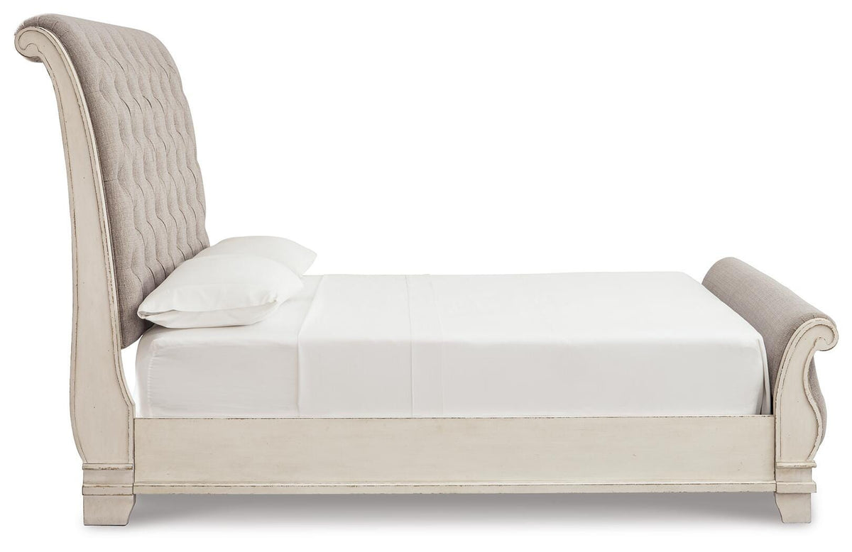 Realyn King Upholstered Sleigh Bed, Dresser and Nightstand