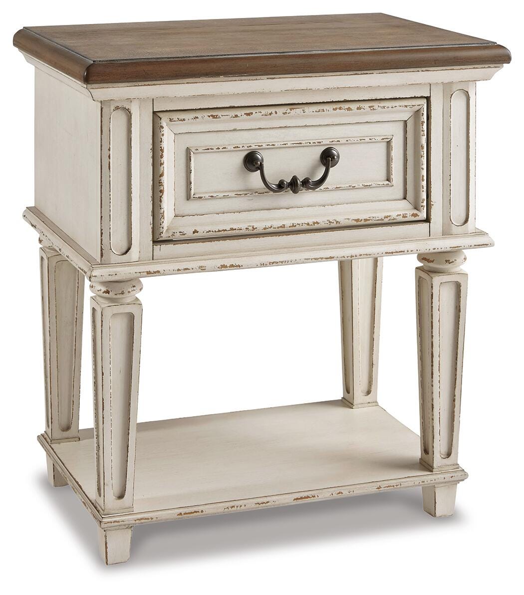 Realyn Queen Upholstered Panel Bed, Dresser, Mirror and 2 Nightstands