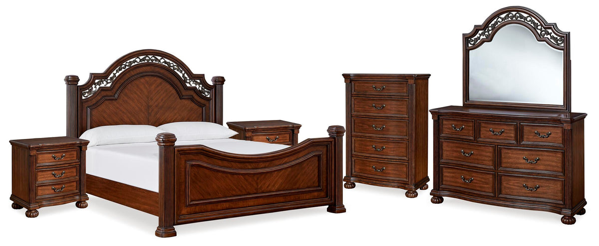 Lavinton Poster Bed Set - California King, Mirrored Dresser, Chest and 2 Nightstands