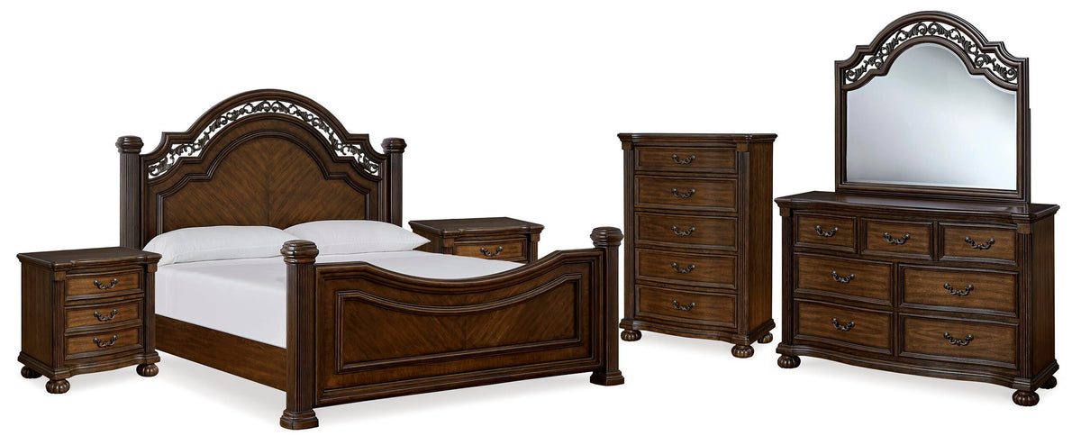 Lavinton Poster Bed Set - King, Mirrored Dresser, Chest and 2 Nightstands