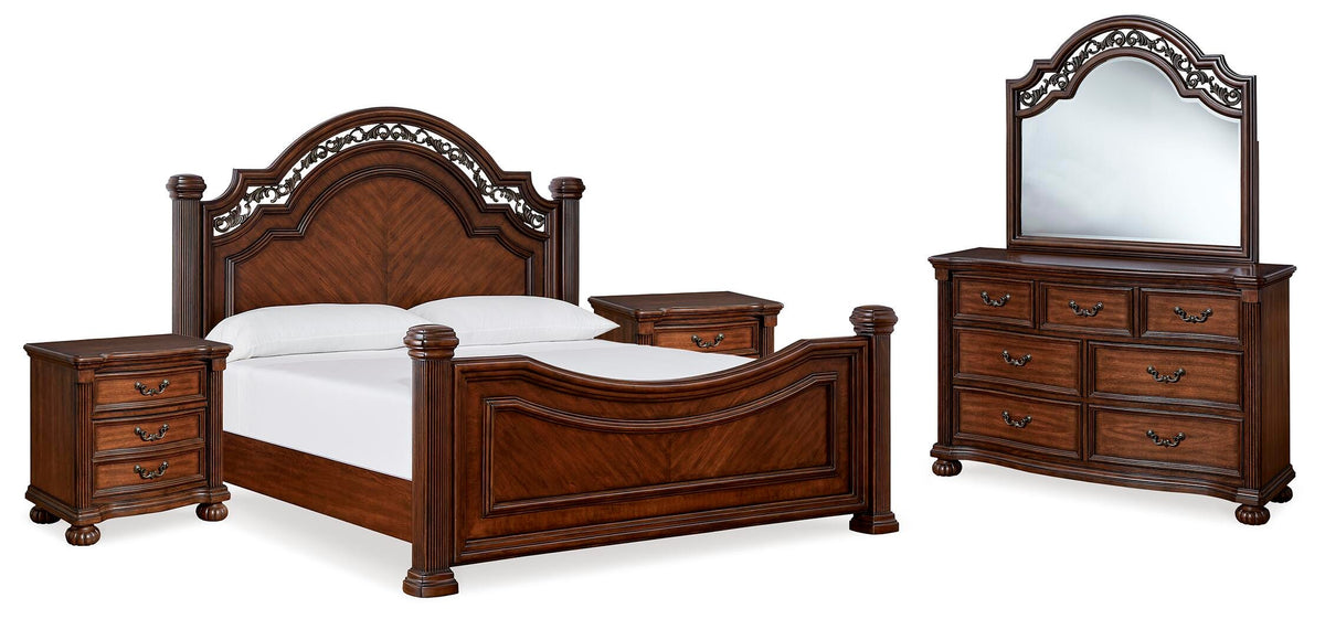 Lavinton Poster Bed Set - King, Mirrored Dresser and Nightstand