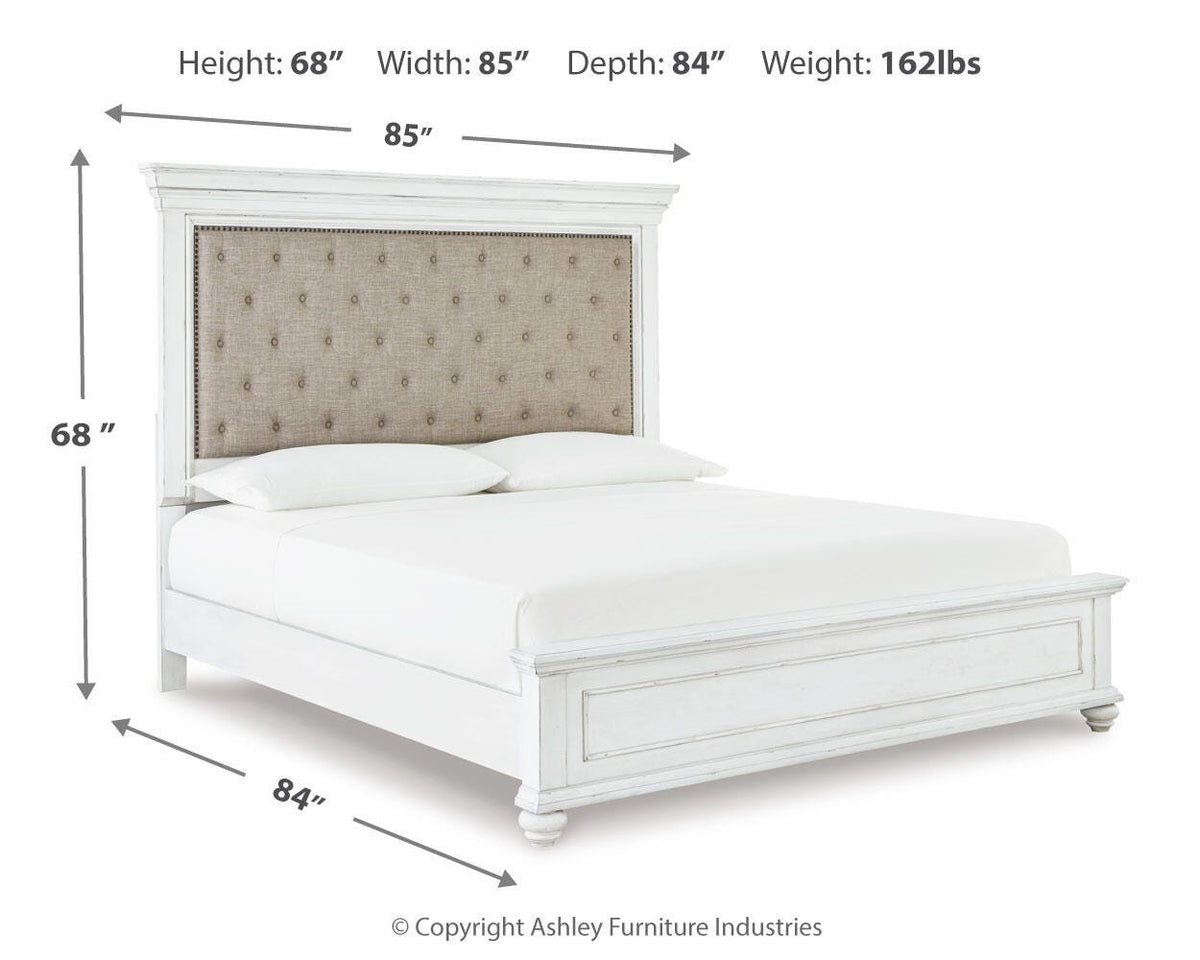 Kanwyn King Upholstered Panel Bed, Dresser and Nightstand