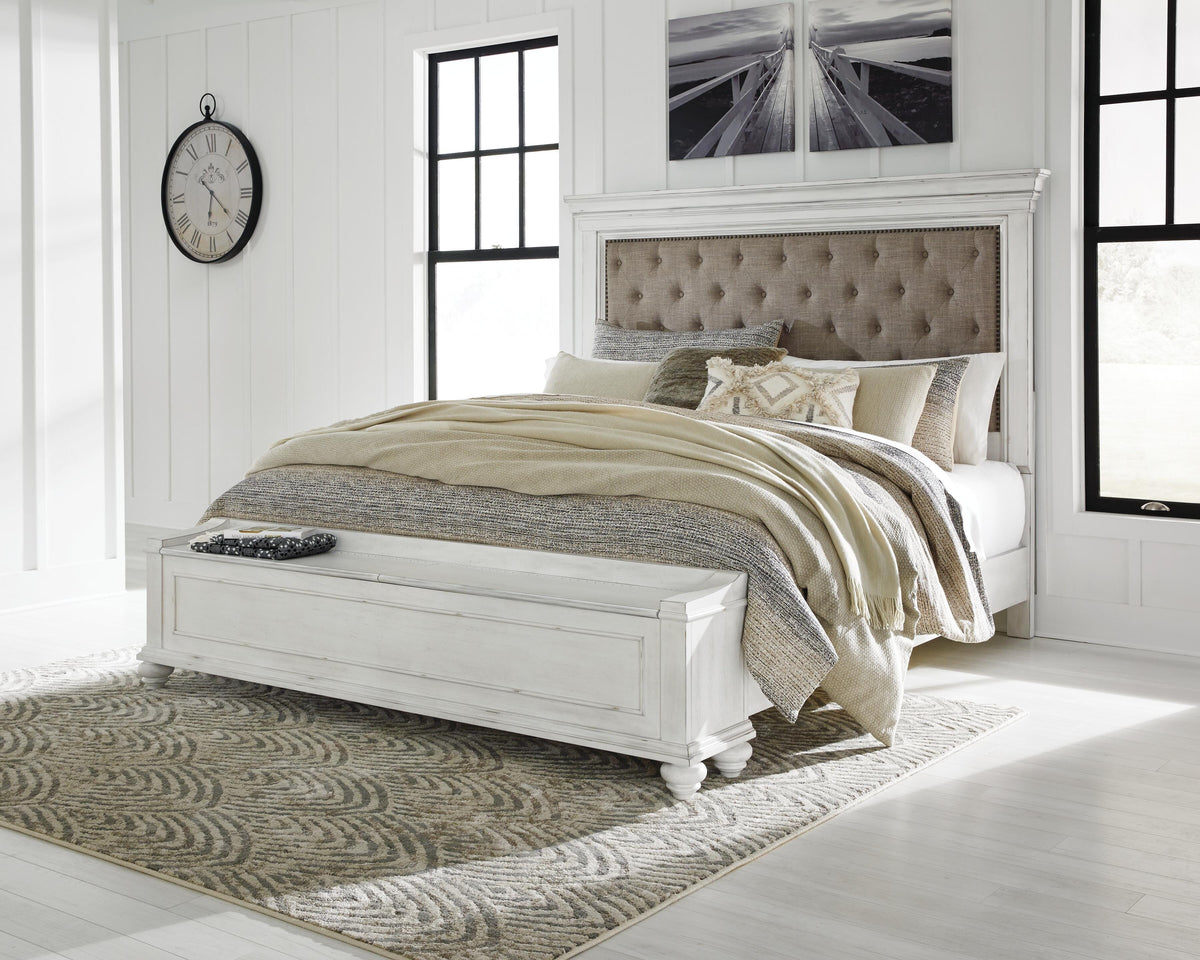Kanwyn King Upholstered Storage Bed, Dresser, Mirror and Nightstand