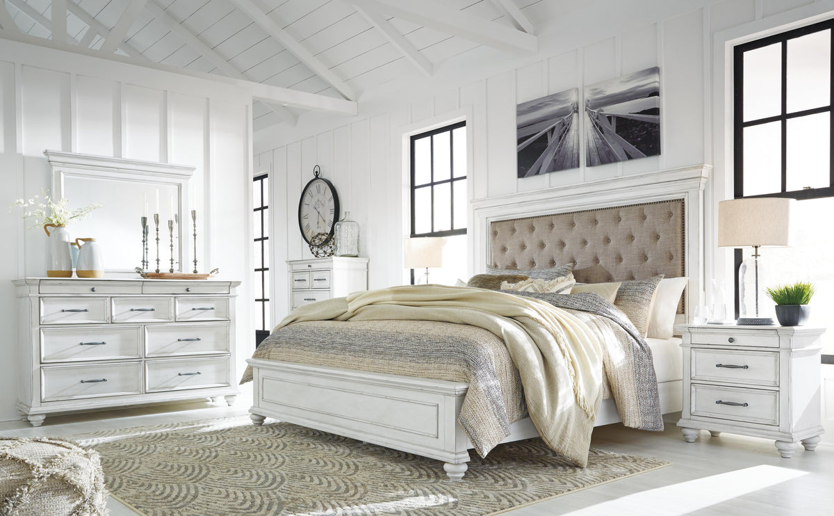 Kanwyn Queen Upholstered Panel Bed, Dresser, and Nightstand