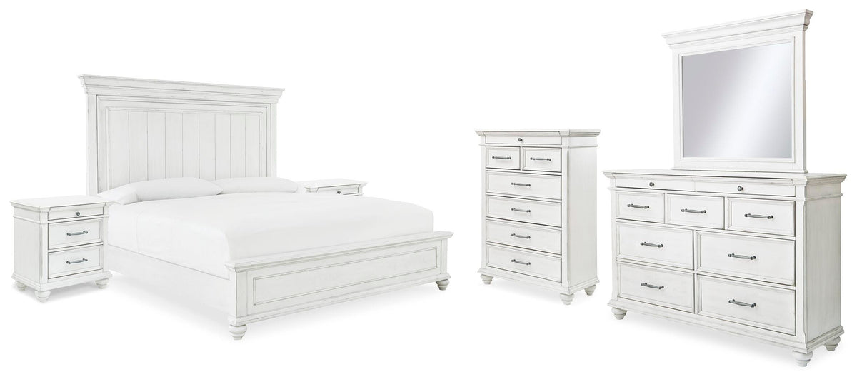 Kanwyn Panel Bed Set - King, Mirrored Dresser, Chest and 2 Nightstands
