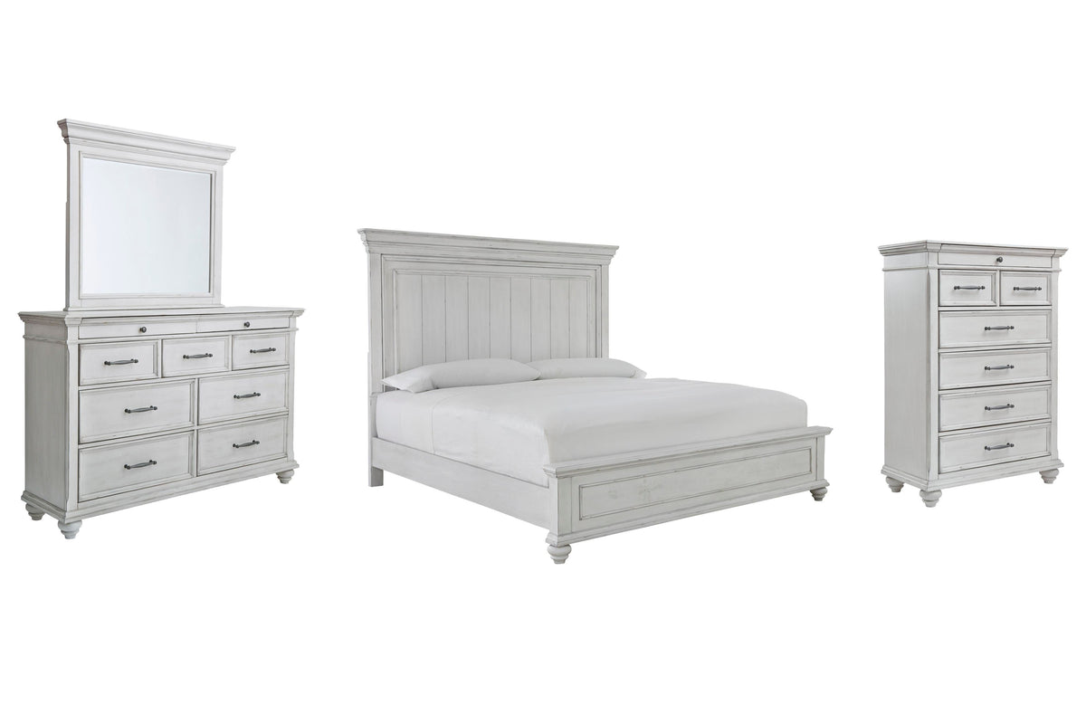 Kanwyn Panel Bed Set - King, Mirrored Dresser and Chest