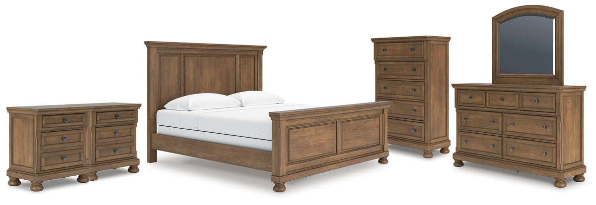 Feddinger Panel Bed Set - King, Mirrored Dresser, Chest and 2 Nightstands