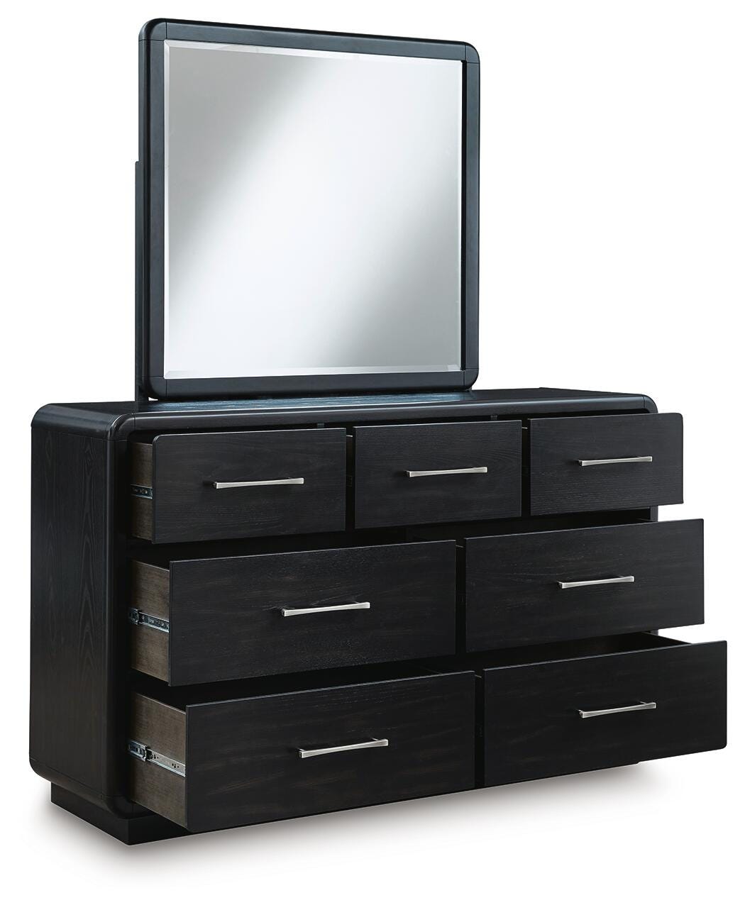 Rowanbeck Queen Upholstered Panel Bed, Dresser, Mirror and Nightstand