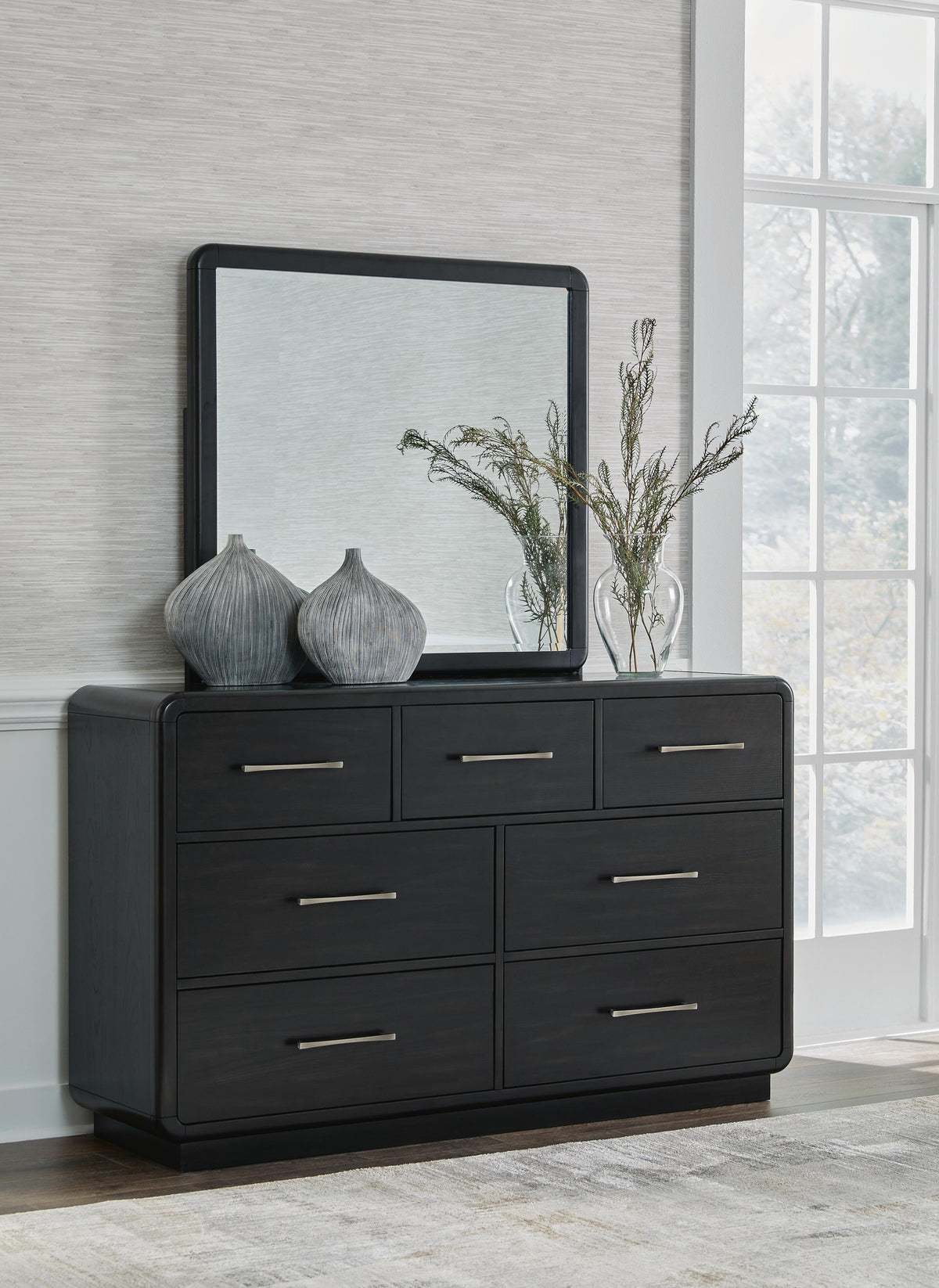 Rowanbeck Queen Upholstered Panel Bed, Dresser, Mirror and Nightstand