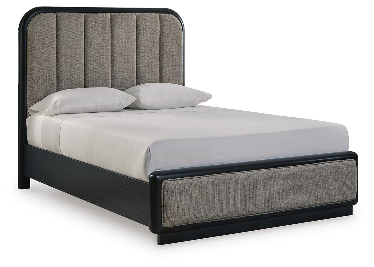 Rowanbeck Queen Upholstered Panel Bed, Dresser, Mirror and Nightstand