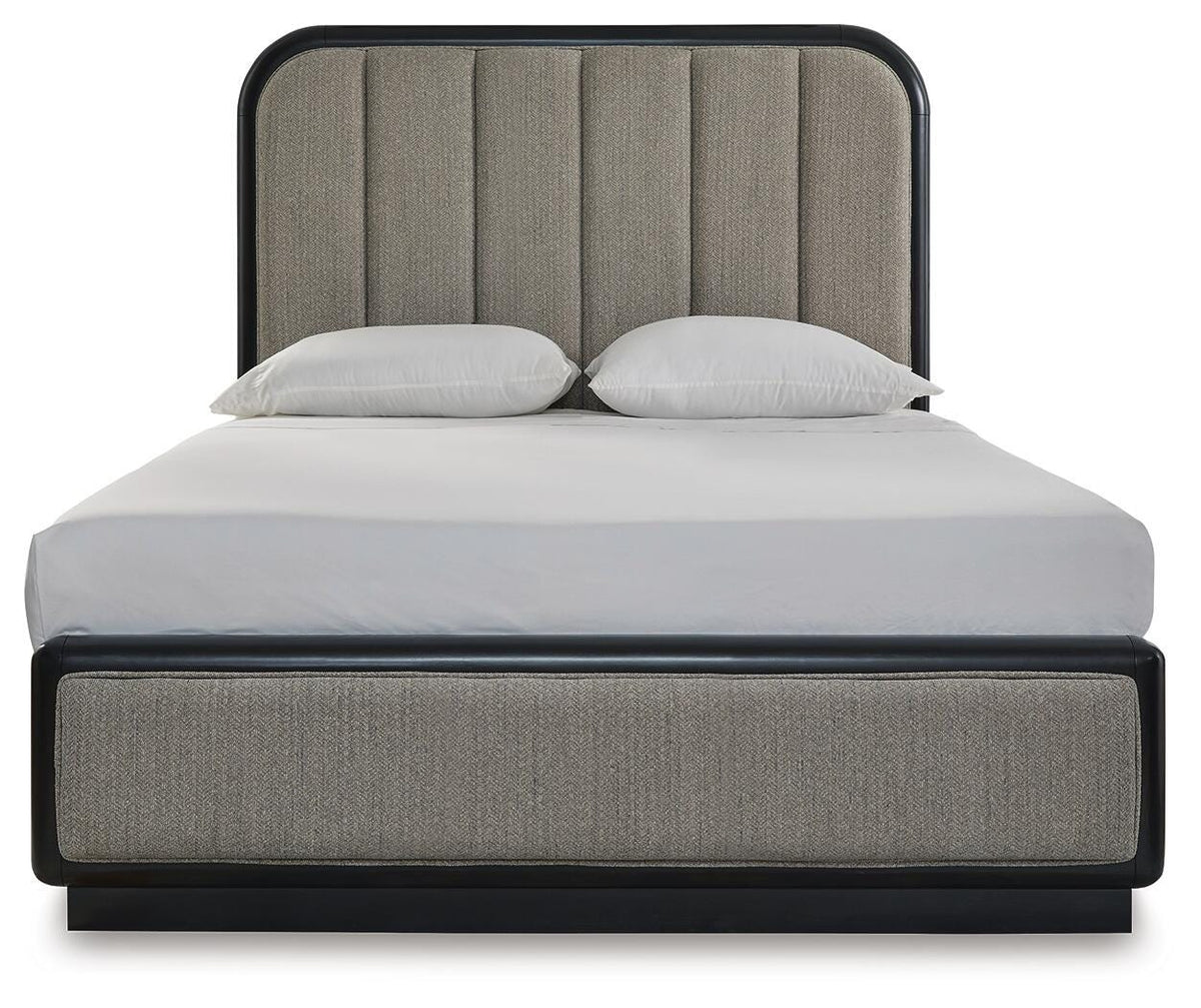 Rowanbeck Queen Upholstered Panel Bed, Dresser and Mirror