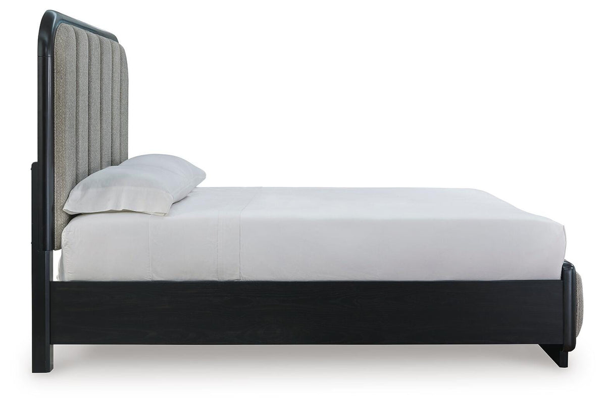 Rowanbeck Queen Upholstered Panel Bed, Dresser, Mirror and Nightstand
