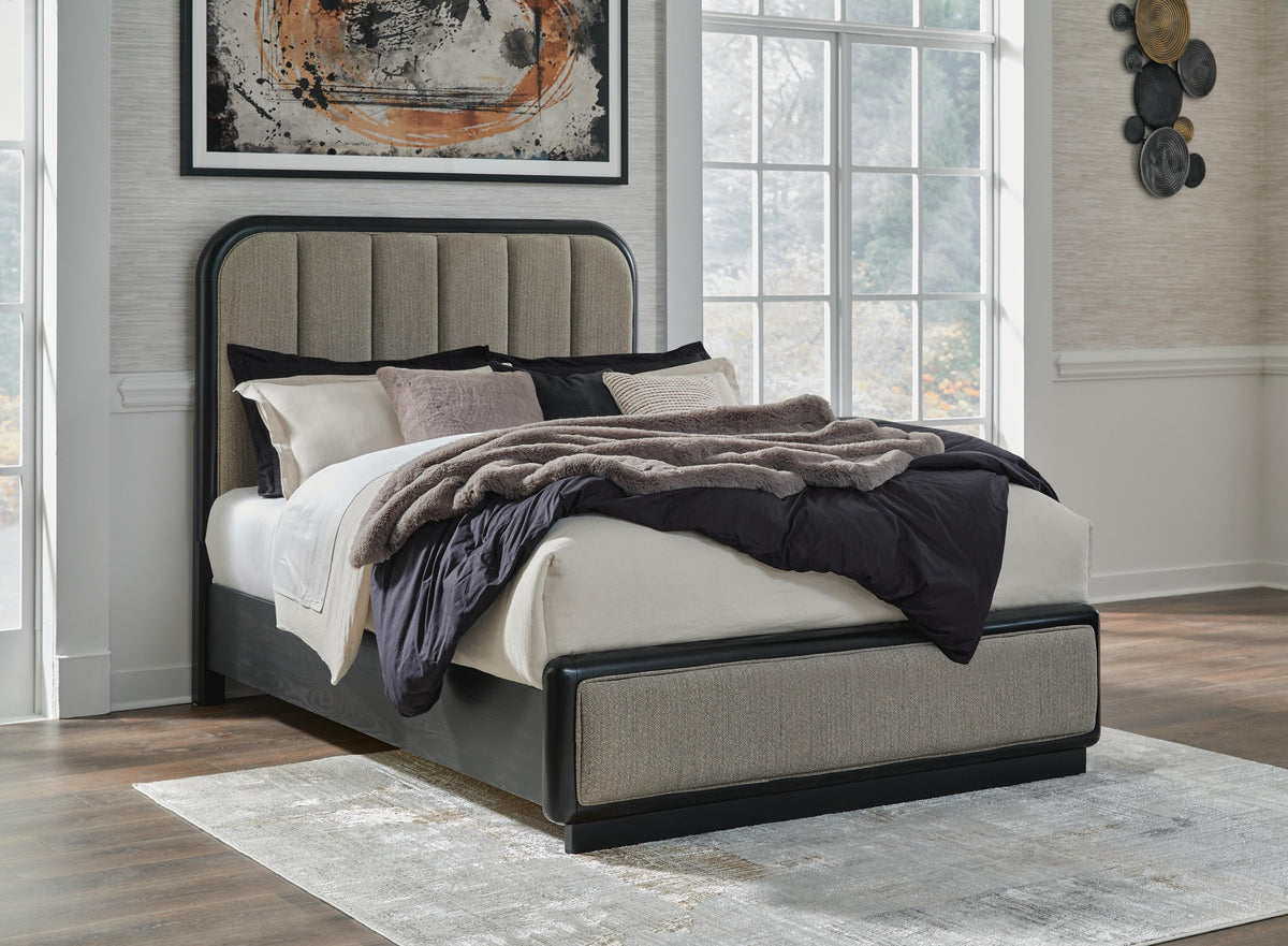 Rowanbeck Queen Upholstered Panel Bed, Dresser, Mirror and Nightstand