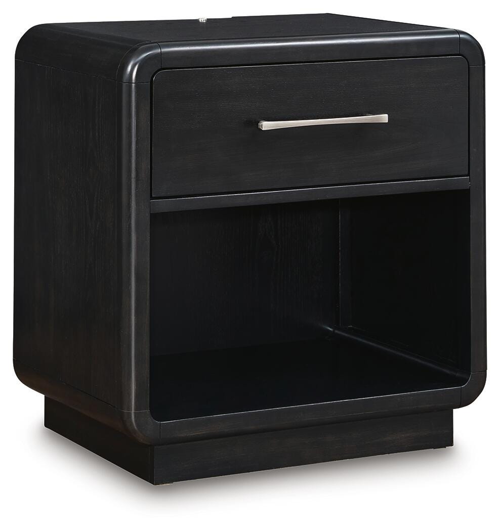 Rowanbeck Queen Upholstered Panel Bed, Dresser, Mirror and Nightstand