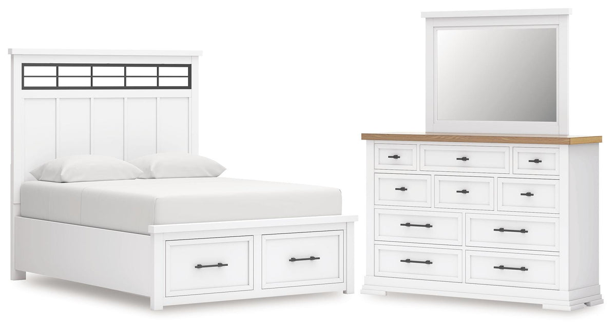 Ashbryn Panel Storage Bed Set - Queen, Dresser and Mirror