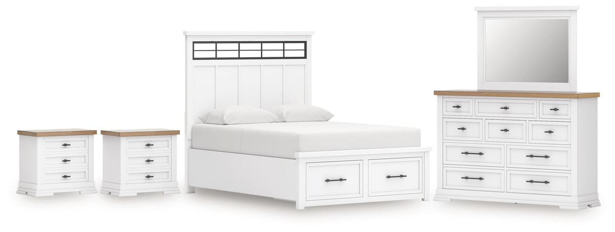 Ashbryn Panel Storage Bed Set - King, Dresser, Mirror and 2 Nightstands