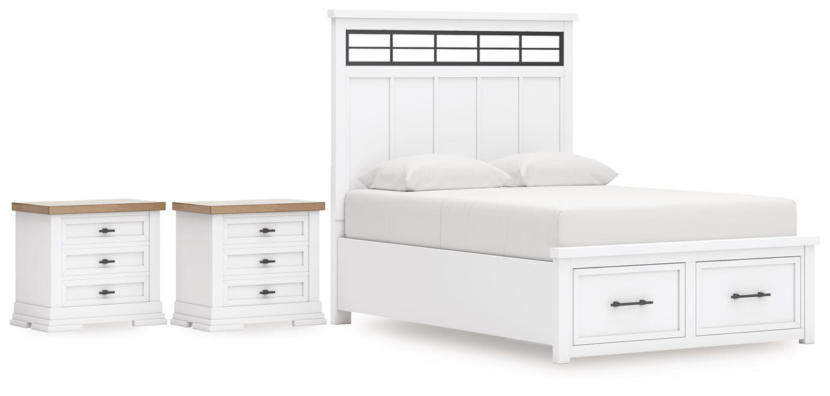 Ashbryn Panel Storage Bed Set - Queen, 2 Nightstands