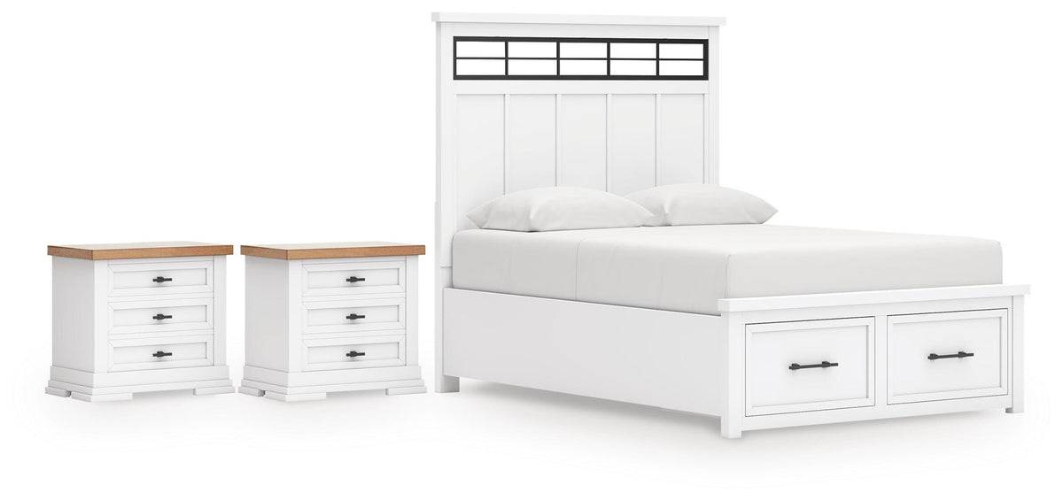 Ashbryn Panel Storage Bed Set - King, 2 Nightstands