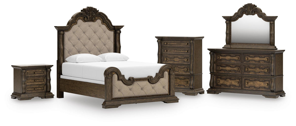 Maylee Upholstered Bed Set - Queen, Dresser, Mirror, Chest and Nightstand