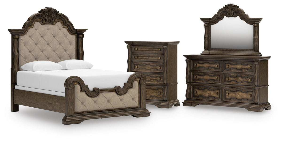 Maylee Upholstered Bed Set - Queen, Dresser, Mirror and Chest