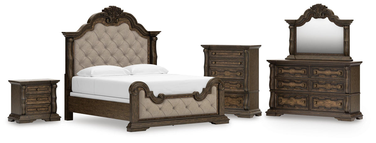 Maylee Upholstered Bed Set - King, Dresser, Mirror, Chest and Nightstand