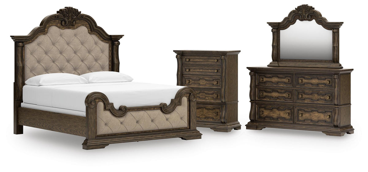 Maylee Upholstered Bed Set - California King, Dresser, Mirror and Chest