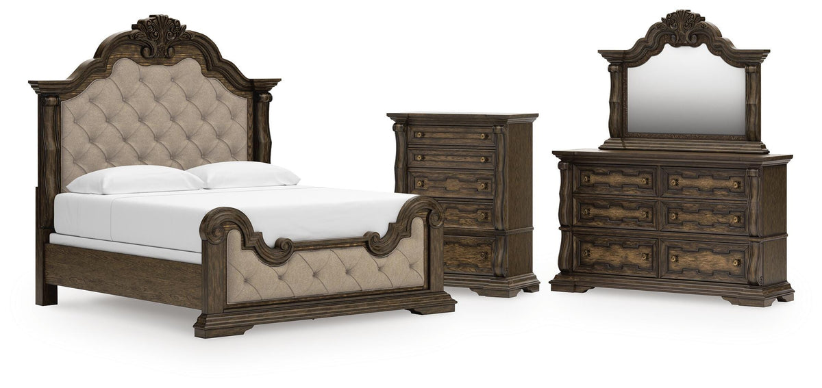 Maylee Upholstered Bed Set - King, Dresser, Mirror and Chest