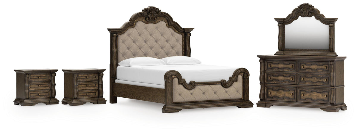 Maylee Upholstered Bed Set - California King, Dresser, Mirror and 2 Nightstands