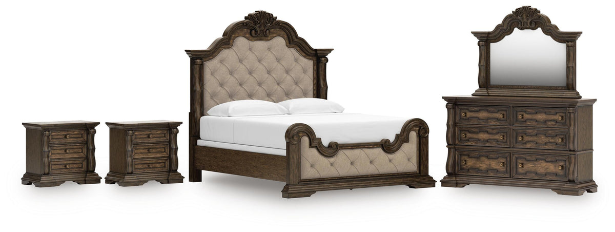Maylee Upholstered Bed Set - King, Dresser, Mirror and 2 Nightstands